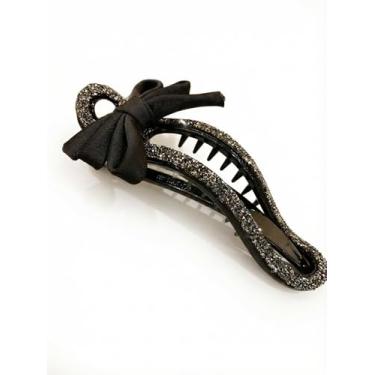 Imagem de Wanhaoshangmao Clipe de cabelo com laço de diamante brilhante, clipe de bico de pato preto com laço de cetim, acessório de cabelo elegante para mulheres