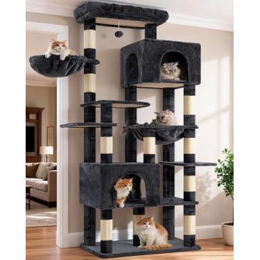 Imagem de Heybly Árvore para gatos, torre resistente para gatos de 196 cm de altura com rodapé extra largo, móveis para gatos grandes de vários níveis com 2 condomínios e 2 redes, 10 postes para arranhar, cinza