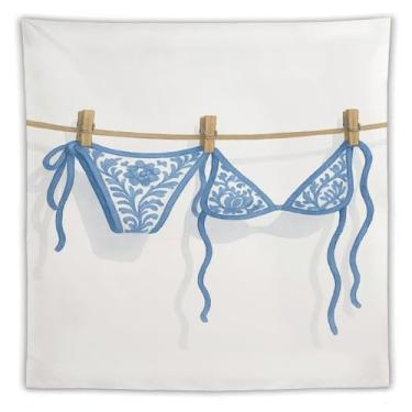 Imagem de Tapeçaria de lingerie branca azul com padrão floral prendedores de roupa aquarela decoração de parede sala de estar quarto decoração de casa enfeite exclusivo pendurado 152 x 152 cm tapeçaria