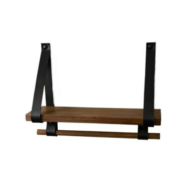 Imagem de Prateleira com Suporte Para Toalha - Madeira Envelhecida e Couro | Decoração Banheiro/Cozinha Rústica(Preto,40cm x 15cm)