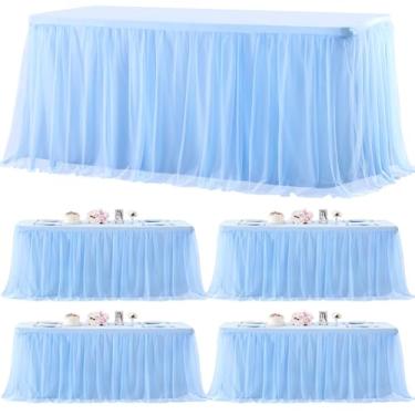 Imagem de Pacote com 4 toalhas de mesa azul bebê para mesas retangulares, toalha de mesa de tule, azul claro, retangular, 1,8 m, elastano elástico, capas de mesa para chá de bebê, meninos, festa de aniversário