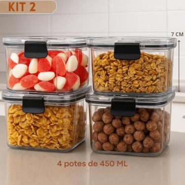 Imagem de Kit Pote Hermético Organizador de Mantimentos e Temperos para Cozinha, Armário e Geladeira Slim Transparente com Tampa Vedada (KIT 2-4 POTES SLIM 450ML)