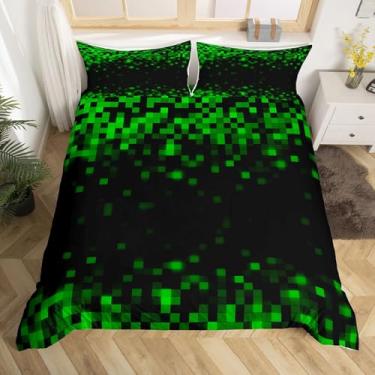 Imagem de Castle Fairy Capa de edredom tamanho Queen, preto e verde, xadrez, para crianças, adolescentes e adultos, decoração geométrica abstrata, com 2 fronhas, sem edredom