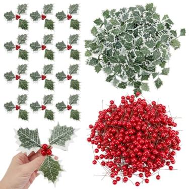 Imagem de GOMAKERER 800 folhas artificiais de bagas de azevinho, 600 peças de frutas vermelhas com 200 peças de ramo de flores de baga de inverno para o dia de Ação de Graças, decorações de árvore de Natal e