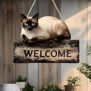 Imagem de Placa para pendurar elegante gato siamês de boas-vindas - decoração de várias cenas (porta/varanda/sala de estar), presente para amantes de gatos/MP-20