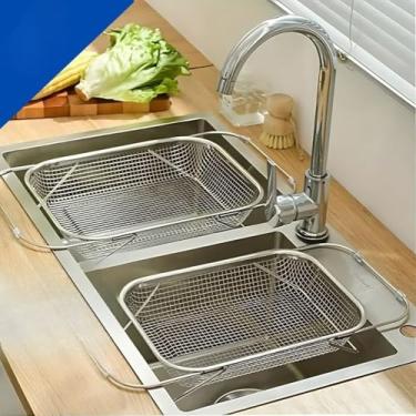 Imagem de escorredor de pia inox retrátil、lava frutas com alça retrátil、escorredor de macarrão para cozinha (KIT 2 UN)