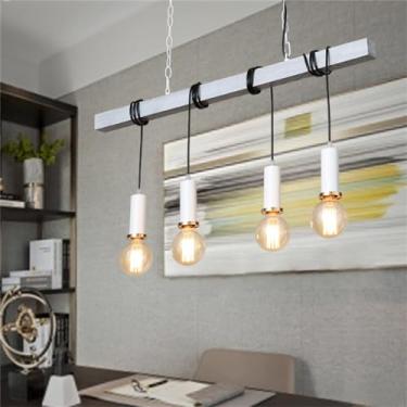 Imagem de Luminária pendente industrial de madeira E27, lustre rústico marrom com grandes vigas de madeira, luminária pendente linear para sala de jantar, sala de estar, quarto, cozinha ou café, estil