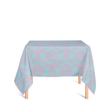 Imagem de Toalha de Mesa Quadrada em Tecido Jacquard Azul Turquesa e Rosa Medalh