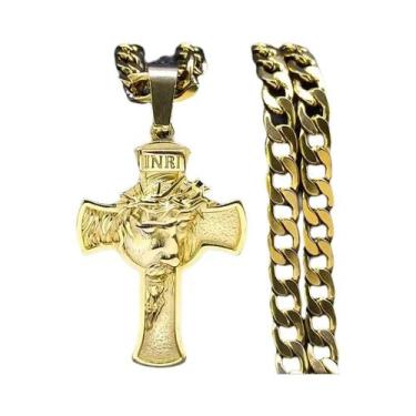 Imagem de Colar Masculino Em Aço Inoxidável Cor Dourada Medalha Crucifixo Coroa 