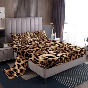 Imagem de Erosebridal Jogo de lençol Queen com estampa de leopardo preto e marrom | Jogo de lençol com elástico alto, animais selvagens, animais selvagens, casa de fazenda, 4 peças com 2 fronhas