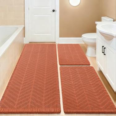 Imagem de Conjunto de 3 peças de tapete de banho, tecido boêmio, moderno, absorvente, antiderrapante, macio, lavável à máquina, com espinhas de peixe, para banheiro, quarto, cozinha, chuveiro, laranja sujo