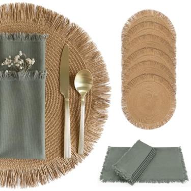 Imagem de Lindo conjunto de 6 jogos americanos e guardanapos Boho – Decoração de mesa feita à mão de algodão, serapilheira e palha para sala de jantar, cozinha ou mesas estilo fazenda