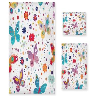 Imagem de xigua Conjunto de toalha de banheiro borboleta colorida absorvente macio 3 peças toalha de banho toalha de mão toalhas decorativas para banheiro, academia, hotel, praia, piscina