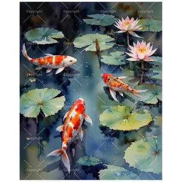 Imagem de TAOPAOLAB Kit de pintura natural por números para adultos – Pintura DIY de três peixes Koi e lagoa de lótus em tela 40,6 x 50,8 cm, conjunto de tinta acrílica, adequado para iniciantes, arte para