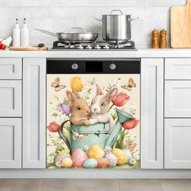 Imagem de Capa magnética para máquina de lavar louça, porta da frente, vintage, ímã de geladeira, decoração Highland Cow, adesivo magnético para utensílios de cozinha (2 coelhos, 23C x 66A)