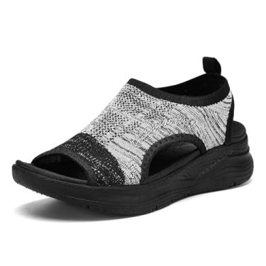 Imagem de YESWIN Sandálias femininas de caminhada, suporte de arco, ortopédica, confortável, fascite plantar, antiderrapante, casual, bico aberto, sandálias esportivas para verão e praia, Preto, cinza, 36