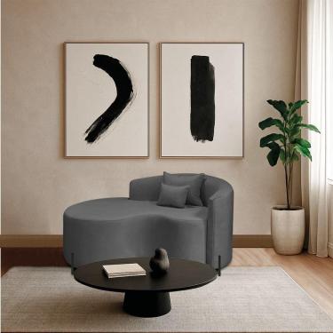 Imagem de Divã Recamier Curvo Sala De Estar Recepção Inglaterra 150cm Pés Metal Preto Lado Esquerdo Linho Cor Cinza Escuro