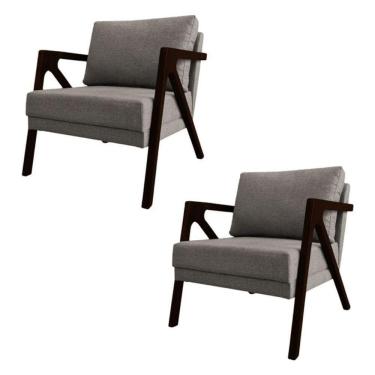 Imagem de Conjunto 2 Poltronas Sala De Estar Monique Madeira Castanho Grafite Linho