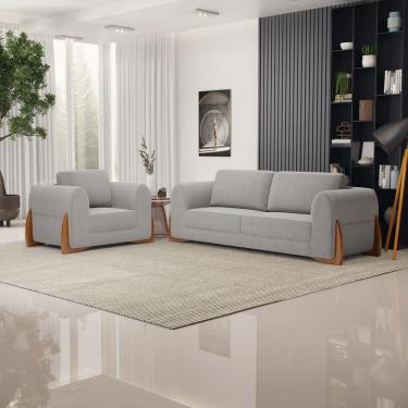 Imagem de Kit 02 Poltronas E 01 Sofá Bloom 160cm 02 Lugares Com Pés De Madeira Bouclê Cinza - Abmaza