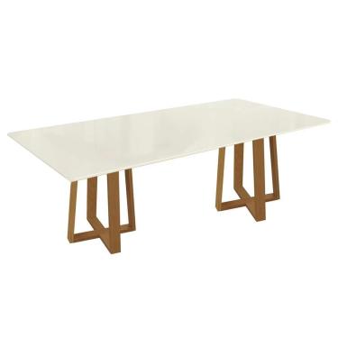 Imagem de Mesa p/ Cozinha Elma Madeira Maciça c/ Tampo Madeirado c/ Vidro 180x90cm Carvalho/Off W...