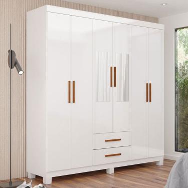 Imagem de Guarda-Roupa Solteiro Regalle 6 Portas 2 Gavetas com Pés e Espelho Branco - Pnr Móveis