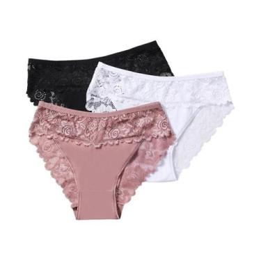 Imagem de Conjunto De 3 Calcinhas De Renda De Algodão Para Mulheres Com Bordado 