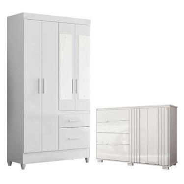 Imagem de Guarda Roupa Solteiro Madri com espelho e Cômoda Texas Branco Brilho  