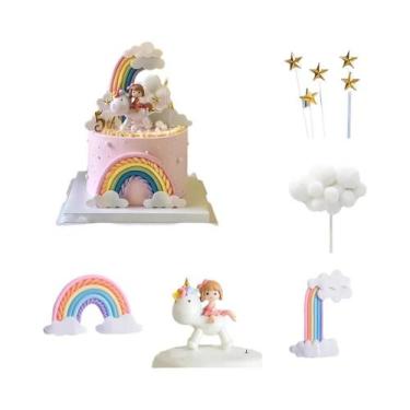 Imagem de Topo De Bolo De Unicórnio Com Arco-íris Para Meninas, 9 Peças, Decoraç