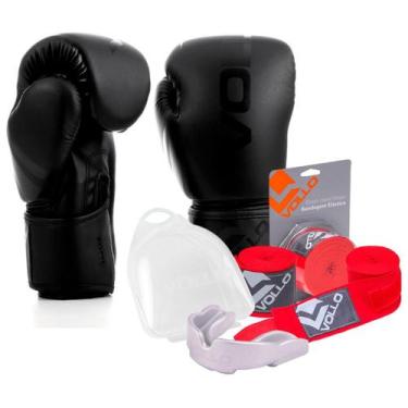 Imagem de Kit Boxe Muay Thai Luva 10Oz Preto + Protetor Bucal + Bandagem Vermelh
