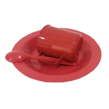 Imagem de Kit Merenda Escolar Vermelho Prato Colher Caneca Plástica 300 ML - 50 