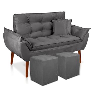 Imagem de Kit Poltrona Decorativa Namoradeira 2 Puffs Quadrado E 2 Almofadas Suede - Lm Decor Cinza Chumbo