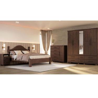 Imagem de Conjunto Quarto Ouro: Guarda-Roupa 5 Portas, Cama Queen, Cômoda Sapateira e 2 Mesas Cabeceiras Café Madeira Pinus
