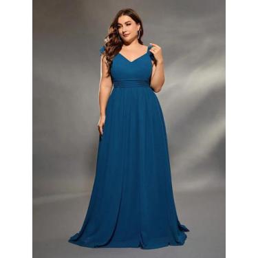 Imagem de Vestido De Festa plus Size Com Decote Em V, Manga Dupla Em Camadas E D