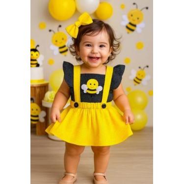 Imagem de Jardineira Saia Romper Abelhinha Menina Baby  + Faixinha de Cabelo - J