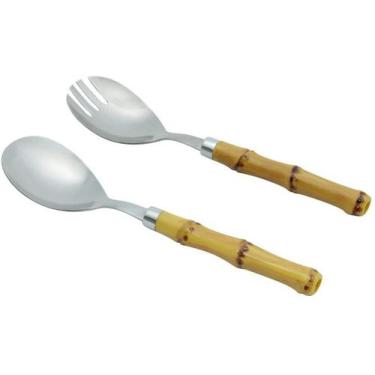 Imagem de CJ 2PC P/SALADA DE ACO INOX C/CABO DE PLASTICO COR BAMBU NATURAL LUXO 