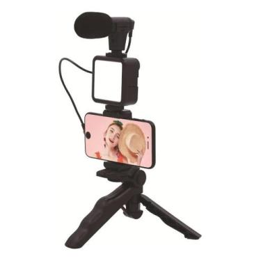 Imagem de Kit Vlog Tripé Luz Led Microfone Celular Controle Bluetooth - Kit vlog