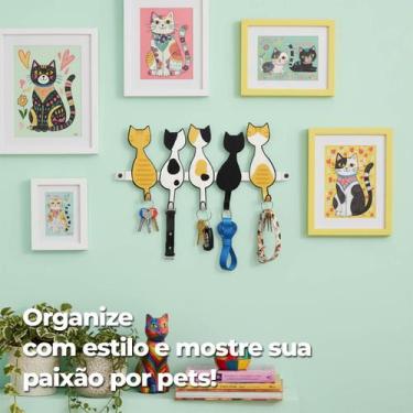 Imagem de Porta Chaves de Parede Gatos Colorido 5 Ganchos para Chaves e Coleiras