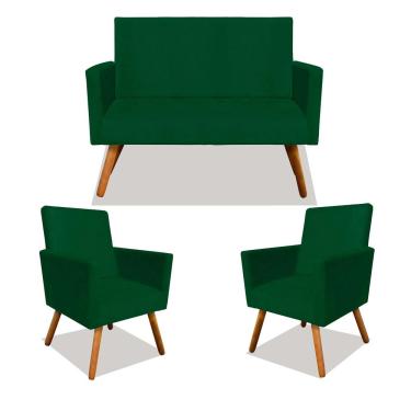 Imagem de Kit 01 Namoradeira e 02 Poltronas Decorativa Nina com Pés Madeira Suede Verde