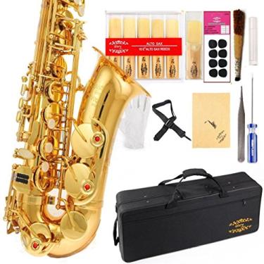 Imagem de Saxofone dourado laqueado Glory E Flat Alto com 11 palhetas, 8 almofadas, estojo, kit de cuidados
