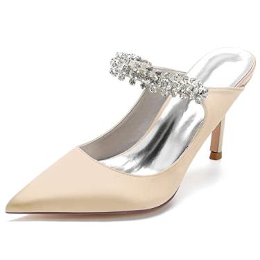 Imagem de Sapato feminino Slingback Maryjane 8,5 cm salto alto de casamento bico fino strass festa trabalho nó de formatura, Champanhe, 11