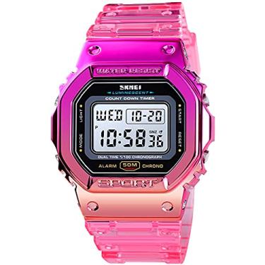 Imagem de Relógios de pulso esportivos à prova d'água digitais com revestimento de silicone em cor degradê, relógio casual para estudantes, Revestimento - Vermelho rosa, Medium,