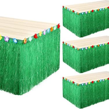 Imagem de Pacote com 4 saia de mesa de grama luau havaiana hibisco luau saia de mesa 9 pés x 29 polegadas saia de franja de ráfia longa saia de grama para Tiki tropical tema aniversário luau decorações de festa (verde)