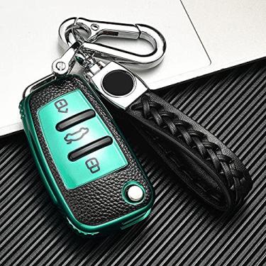 Imagem de YJADHU Capa de couro TPU masculina feminina capa de chave dobrável para carro, apto para Audi A3 A4 A5 A6 B6 B7 B8 Q3 Q7 S3 C5 C6 4F 8L 8P 8V RS3 S3 TT, chaveiro verde