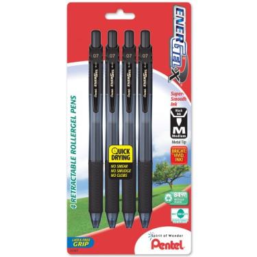 Imagem de Pentel Caneta de gel líquido retrátil EnerGel-X, 0,7 mm, linha média, ponta de metal, preta, pacote com 4 (BL107BP4A)