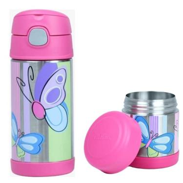 Imagem de Kit de Garrafa e Pote Térmico Infantil Meninas Thermos Tema Borboleta