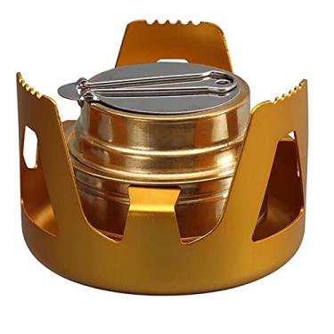 Imagem de Queimador de fogão a álcool portátil ao ar livre ultraleve forno de cozimento de acampamento mochila fogão de espírito turista com tampa de suporte de alumínio, amarelo, 7,4 * 4,6 cm