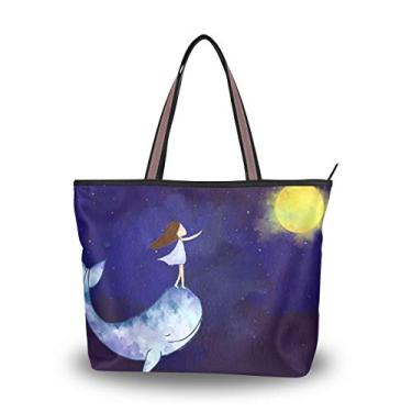 Imagem de My Daily Fashion Bolsa de ombro feminina para mulheres, bolsa de mão de aquarela baleia menina lua grande, Multicoloured, Medium