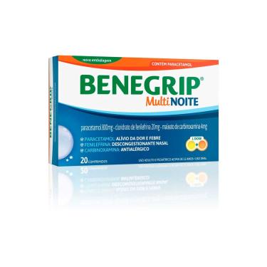 Imagem de Benegrip MultiNoite Paracetamol 800mg + Cloridrato Fenillefrina 20mg + Maleato de Carbinoxamina 4mg 20 comprimidos 20 Comprimidos