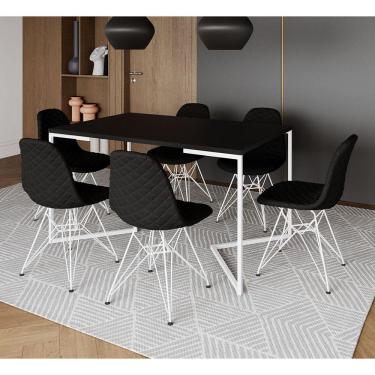Imagem de Mesa Jantar Industrial Preta Base V 137x90cm C/ 6 Cadeiras Estofadas Pretas Eiffel Aço Branco 