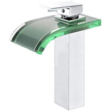 Imagem de Torneira De Pia De Banheiro De Vidro Em Cascata Moderna Com Luz LED Torneira De Lavatório De Alça Única, Torneira Misturadora De Lavatório Alto,Prata,Constructive23